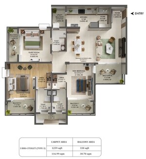Floor Plan in 3.5 BHK Apartment at Ashiana Aaroham, Sector 80 – for Sale