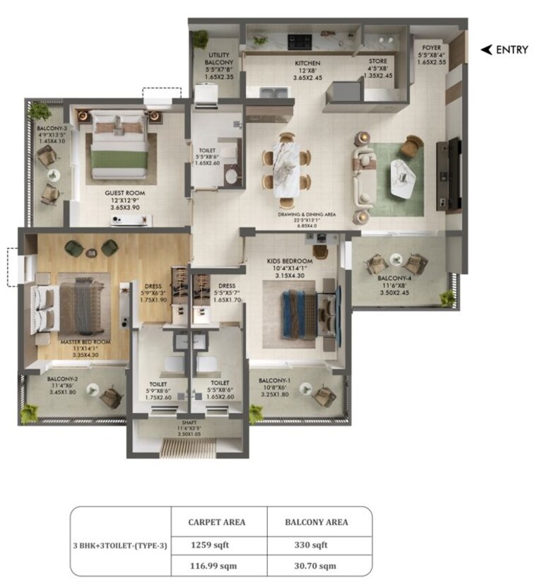 Floor Plan, ashiana-aaroham 3.5 Bedroom 1259 Sq.Ft. Apartment In Sector 80 Gurgaon 10217607