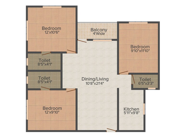Floor Plan, capricorn-jewels 3 Bedroom 1250 Sq.Ft. Apartment In New Alipore Kolkata 10224864