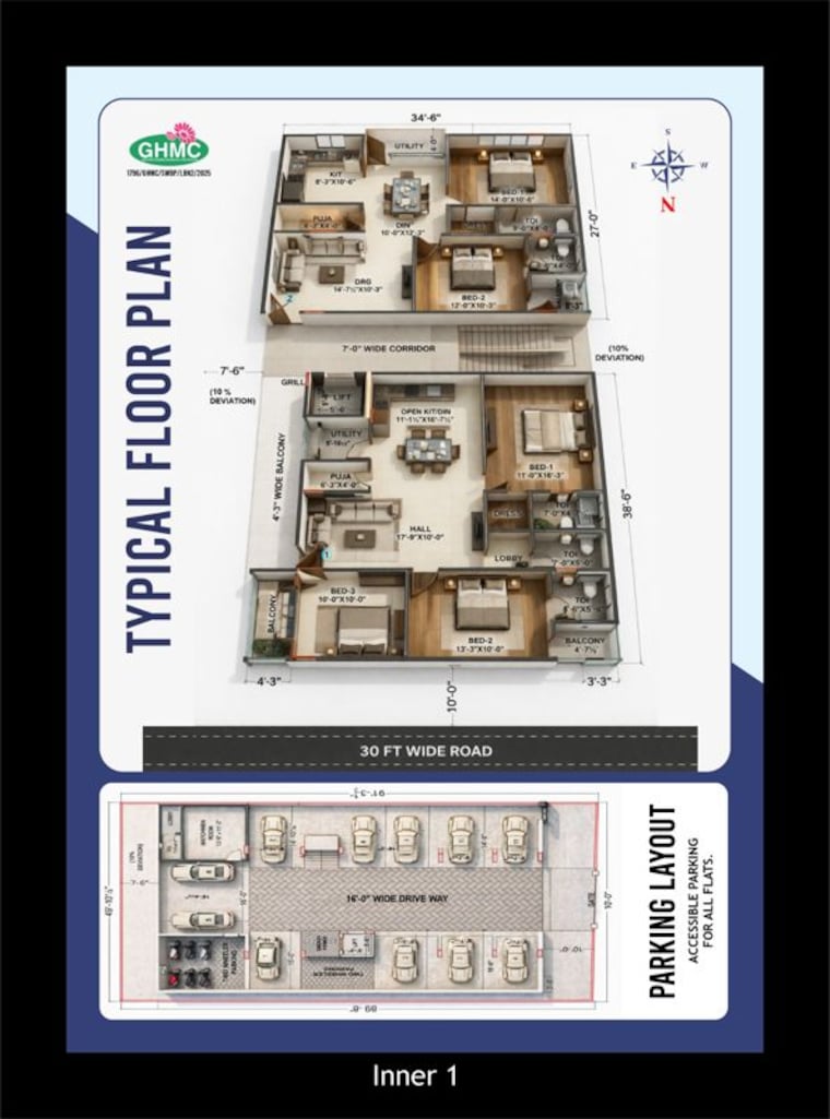 Floor Plan, nagole 3 Bedroom 1630 Sq.Ft. Apartment In Nagole Hyderabad 10242651