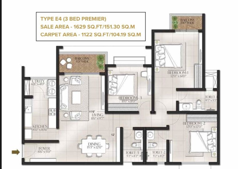 Floor Plan, meridian-park-at-the-prestige-city 3 Bedroom 1629 Sq.Ft. Apartment In Sarjapur Road Bangalore 10254021
