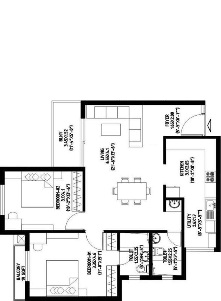 Floor Plan, sjr-fiesta-homes 2 Bedroom 1240 Sq.Ft. Apartment In Electronic City Phase ii Bangalore 10255683