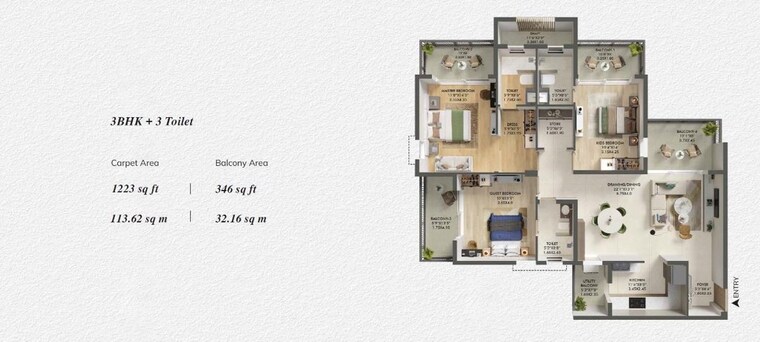 Floor Plan, ashiana-aaroham 3 Bedroom 1342 Sq.Ft. Apartment In Sector 80 Gurgaon 10262859