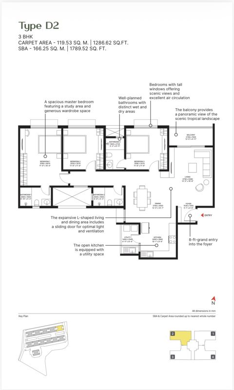 Floor Plan in 3 BHK Apartment at Sobha Ayana, Panathur – for Sale