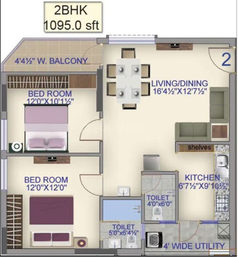 Floor Plan, rv-vivekananda-heights 2 Bedroom 1095 Sq.Ft. Apartment In Bongloor Hyderabad 10276932
