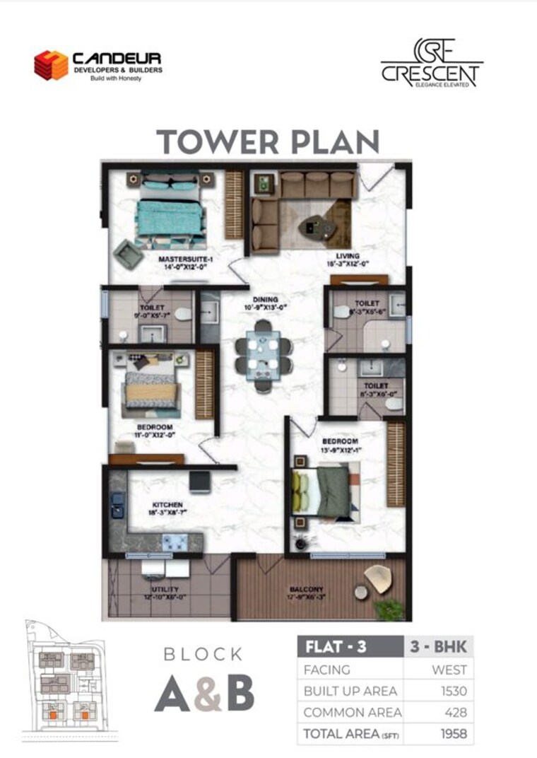 Floor Plan, candeur-crescent 3 Bedroom 1958 Sq.Ft. Apartment In Serilingampally Hyderabad 10296675