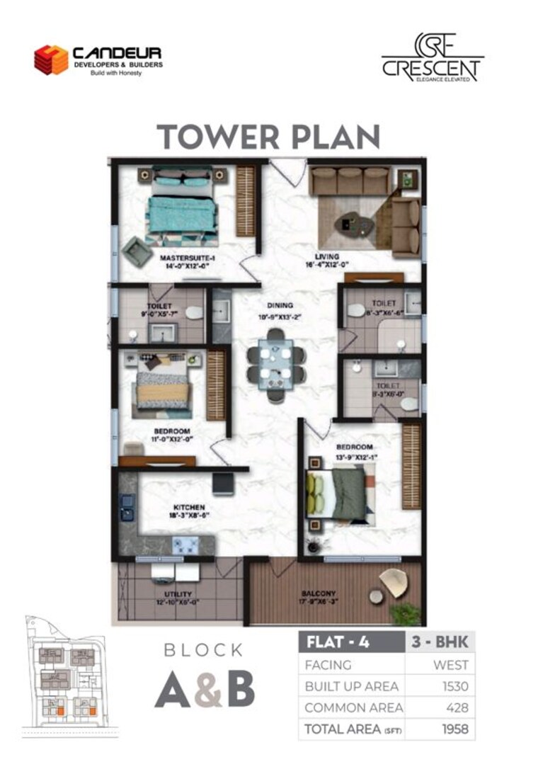 Floor Plan, candeur-crescent 3 Bedroom 1958 Sq.Ft. Apartment In Serilingampally Hyderabad 10296683