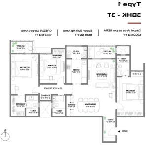 Floor Plan in 3 BHK Apartment at Assetz Bloom And Dell, Whitefield Road – for Sale