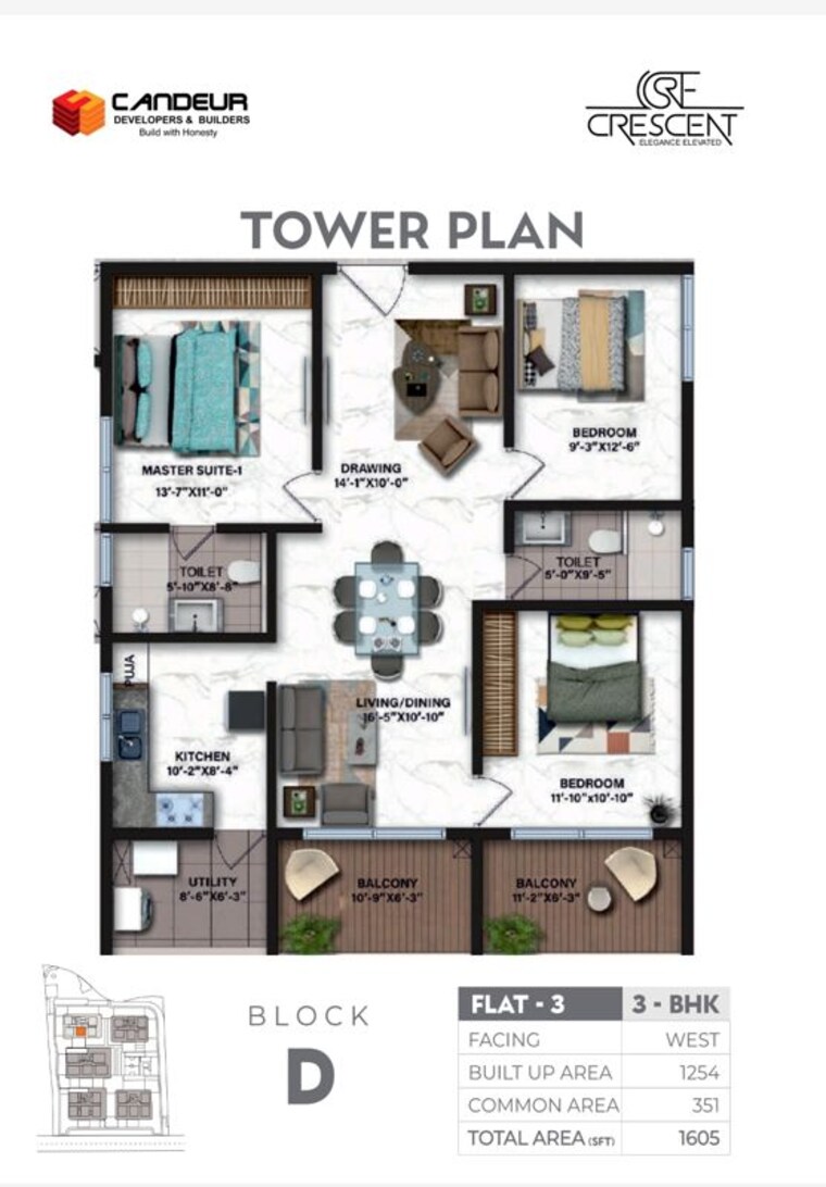 Floor Plan, candeur-crescent 3 Bedroom 1605 Sq.Ft. Apartment In Serilingampally Hyderabad 10303320