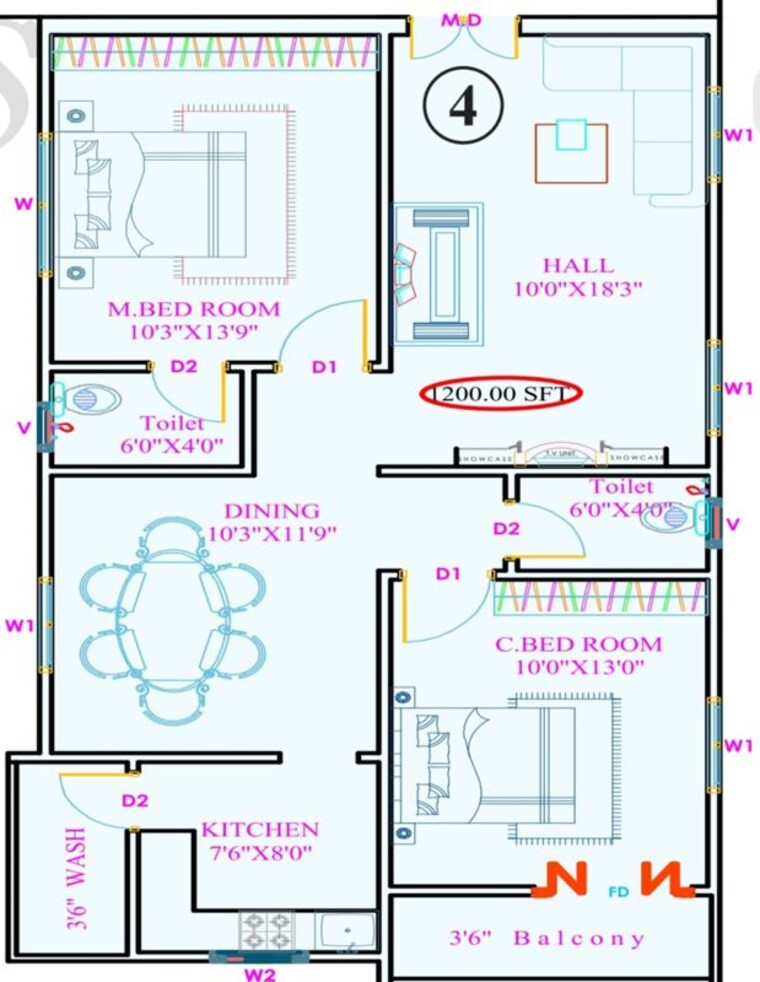 Floor Plan, vinayaka nagar 2 Bedroom 1200 Sq.Ft. Apartment In Vinayaka Nagar Hyderabad 10311559