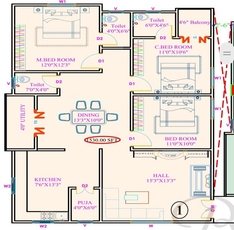 Floor Plan, vinayaka nagar 2 Bedroom 1200 Sq.Ft. Apartment In Vinayaka Nagar Hyderabad 10311559