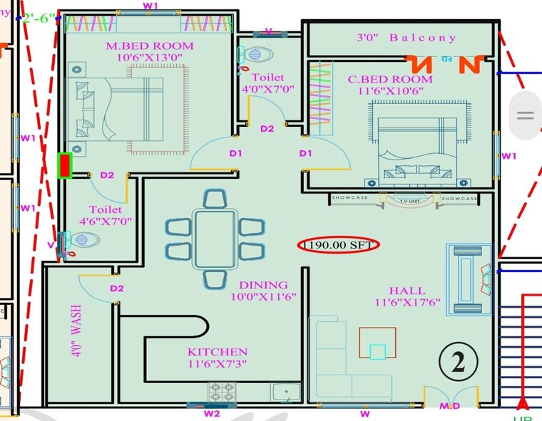 Floor Plan, vinayaka nagar 2 Bedroom 1200 Sq.Ft. Apartment In Vinayaka Nagar Hyderabad 10311559