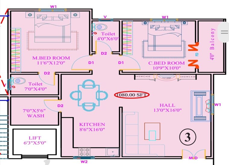 Floor Plan, vinayaka nagar 2 Bedroom 1200 Sq.Ft. Apartment In Vinayaka Nagar Hyderabad 10311559