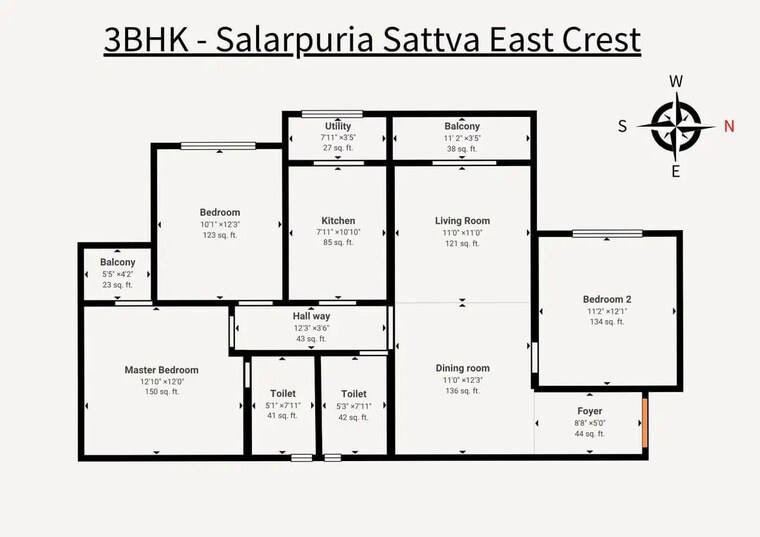 Floor Plan, budigere cross 3 Bedroom 1425 Sq.Ft. Apartment In Budigere Cross Bangalore 10312621