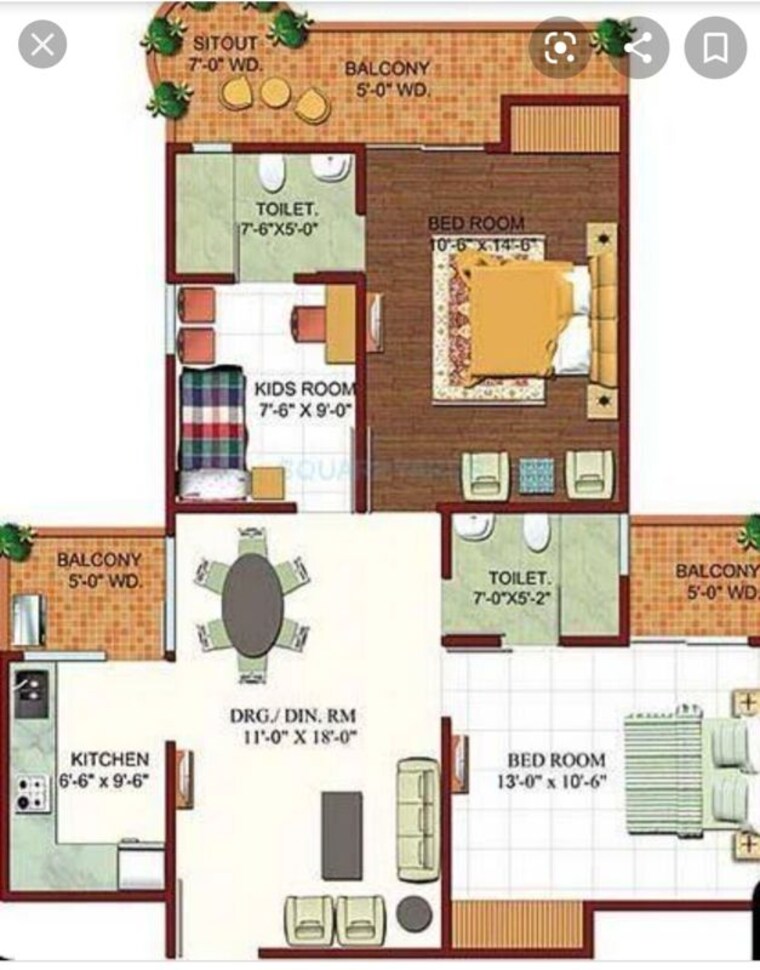 Floor Plan, ajnara-ambrosia 2.5 Bedroom 1255 Sq.Ft. Apartment In Sector 118 Noida 10262945