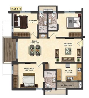 Floor Plan in 3 BHK Apartment at Accurate Wind Chimes, Gachibowli – for Sale