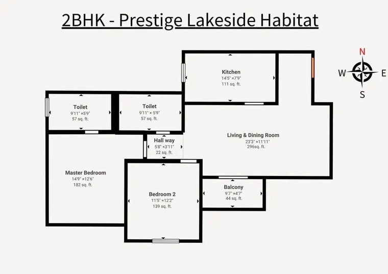 Floor Plan, prestige-lakeside-habitat 2 Bedroom 1216 Sq.Ft. Apartment In Varthur Bangalore 10320836