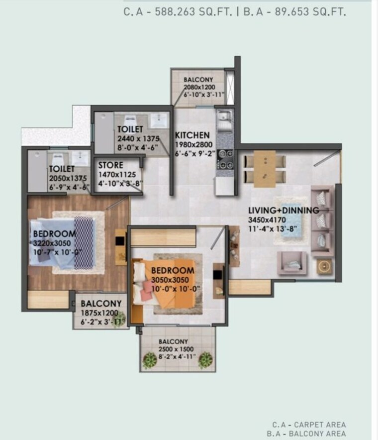 Floor Plan, signature-global-proxima 2 Bedroom 980 Sq.Ft. Apartment In Sector 89 Gurgaon 10328507