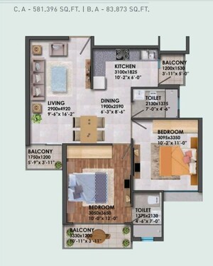 Floor Plan in 2 BHK Apartment at Signature Global Proxima, Sector 89 – for Sale