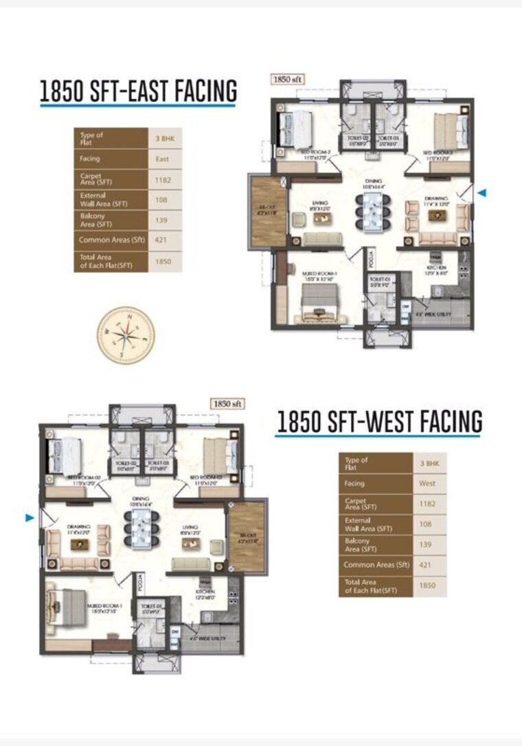 Floor Plan, rajapushpa-sierra 3 Bedroom 1850 Sq.Ft. Apartment In Tellapur Hyderabad 10328824