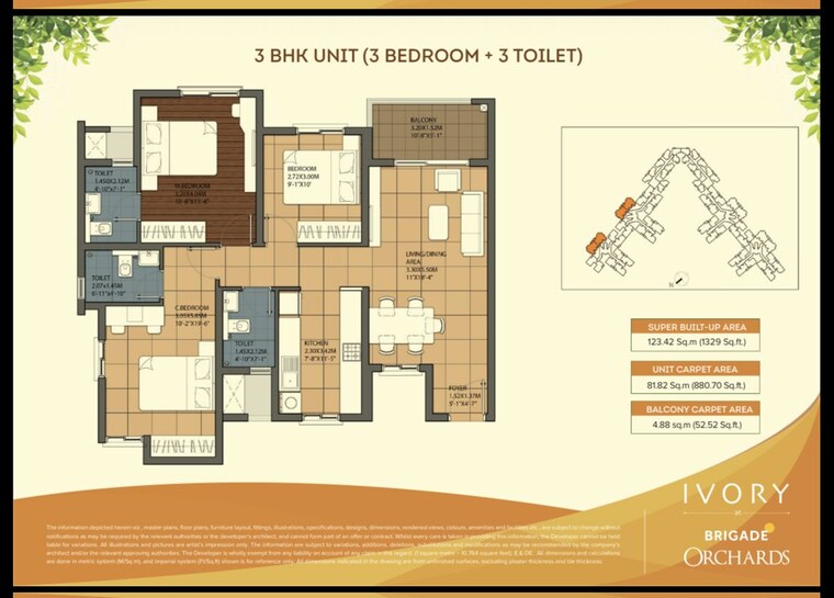 Floor Plan, ivory-at-brigade-orchards 3 Bedroom 1329 Sq.Ft. Apartment In Devanahalli Bangalore 10333427