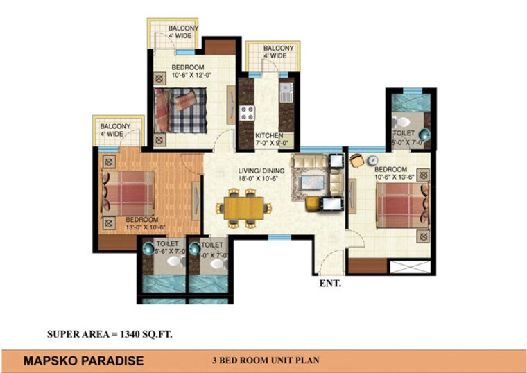 Floor Plan, mapsko-paradise 3 Bedroom 1340 Sq.Ft. Apartment In Sector 83 Gurgaon 10335636