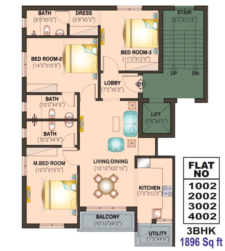 Floor Plan, mancheswar 3 Bedroom 1896 Sq.Ft. Apartment In Mancheswar Bhubaneswar 10350277