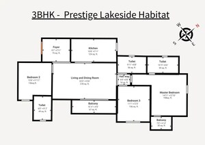 Floor Plan in 3 BHK Apartment at Prestige Lakeside Habitat, Varthur – for Sale