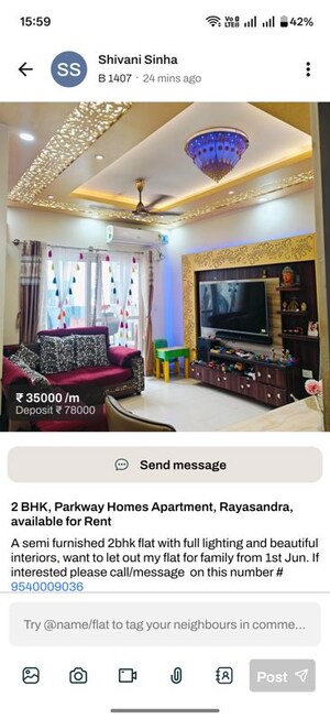 Living Room in 2 BHK Apartment at SJR Primecorp Parkway Homes, Sarjapur Road – for Rent