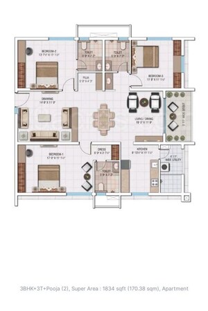 Floor Plan in 3 BHK Apartment at My Home Avatar, Gachibowli – for Rent