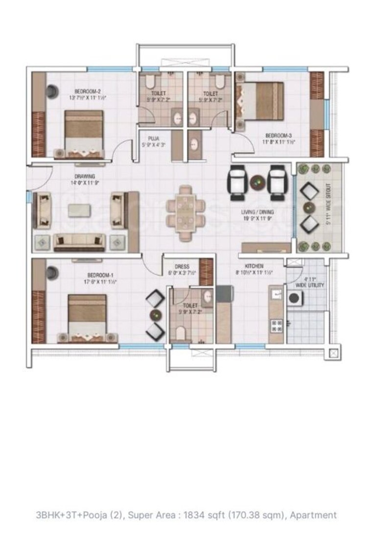 Floor Plan, my-home-avatar 3 Bedroom 1834 Sq.Ft. Apartment In Gachibowli Hyderabad 10371094