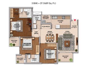 Floor Plan in 3 BHK Apartment at Hero Homes Gurgaon, Sector 104 – for Sale