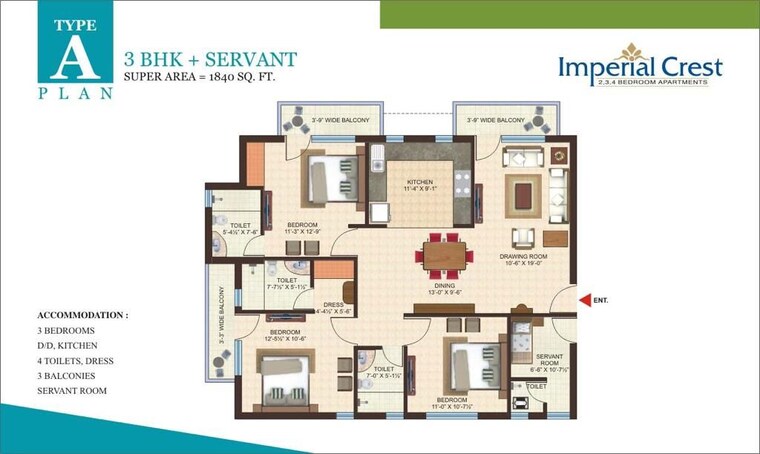 Floor Plan, gandharva-imperial-crest 3.5 Bedroom 1840 Sq.Ft. Apartment In Vrindavan Yojna Lucknow 10387053