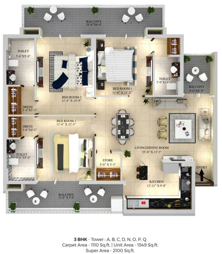 Floor Plan, maya-green-lotus-utsav 3 Bedroom 2100 Sq.Ft. Apartment In International Airport Road Zirakpur 10394241