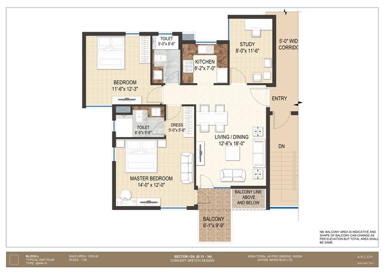 Floor Plan, jaypee-krescent-homes-phase-ii 2.5 Bedroom 1230 Sq.Ft. Apartment In Sector 129 Noida 10398878