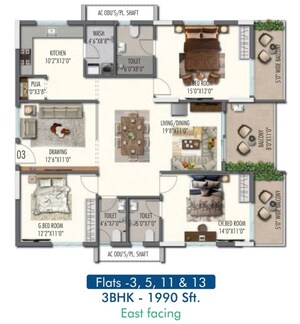 Floor Plan in 3 BHK Apartment at Raghavendra Panchajanya Heights, Chanda Nagar – for Sale