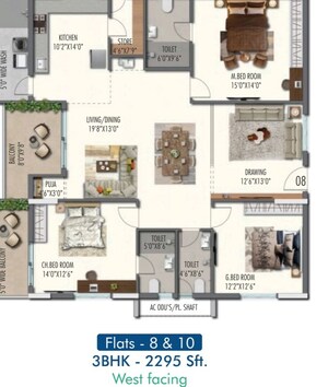 Floor Plan in 3 BHK Apartment at Raghavendra Panchajanya Heights, Chanda Nagar – for Sale