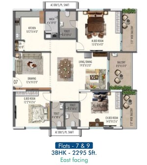 Floor Plan in 3 BHK Apartment at Raghavendra Panchajanya Heights, Chanda Nagar – for Sale