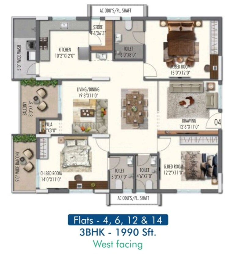 Floor Plan, raghavendra-panchajanya-heights 3 Bedroom 2600 Sq.Ft. Apartment In Chanda Nagar Hyderabad 10402777