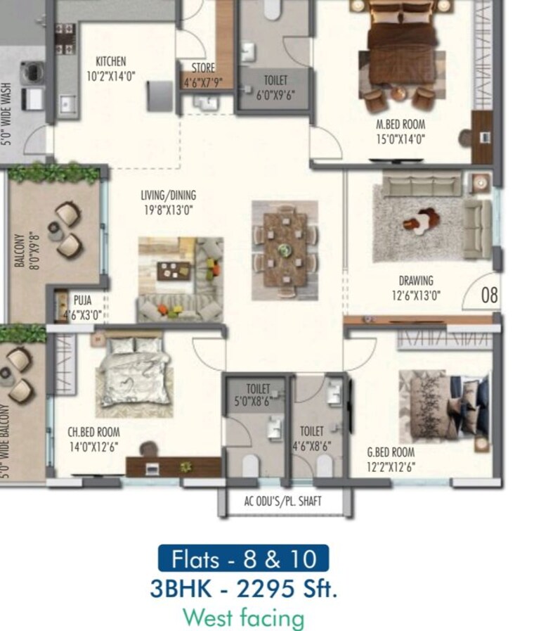 Floor Plan, raghavendra-panchajanya-heights 3 Bedroom 2600 Sq.Ft. Apartment In Chanda Nagar Hyderabad 10402777