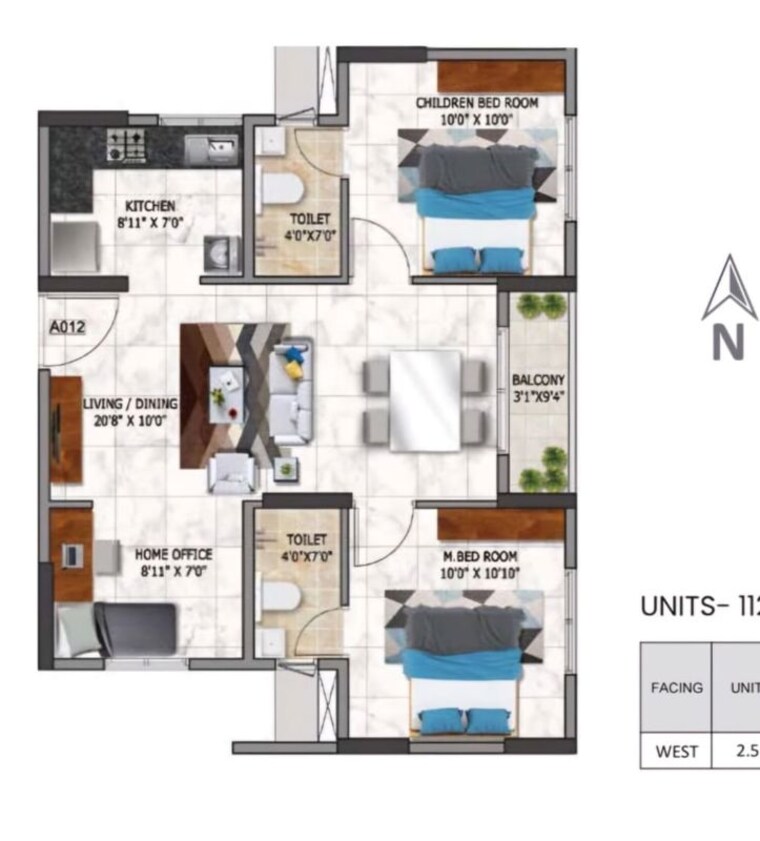 Floor Plan, nambiar-millennia 2.5 Bedroom 930 Sq.Ft. Apartment In Sarjapur Road Bangalore 10412561