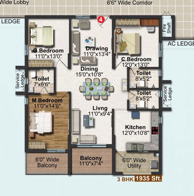 Floor Plan, frontline-seven 3 Bedroom 1935 Sq.Ft. Apartment In Kokapet Hyderabad 10414590