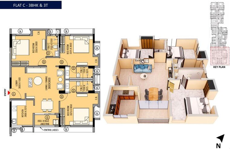 Floor Plan, tollygunge 3 Bedroom 1300 Sq.Ft. Apartment In Tollygunge Kolkata 10329702