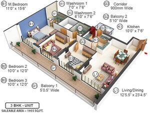 Floor Plan in 3 BHK Apartment at Krisumi Waterside Residences, Sector 36a – for Sale