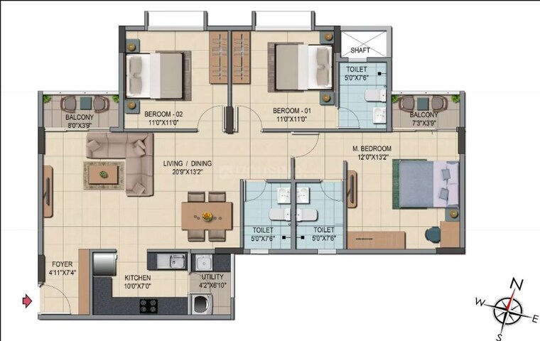 Floor Plan, shriram-serenity 3 Bedroom 1700 Sq.Ft. Apartment In Rajanukunte Bangalore 10434384