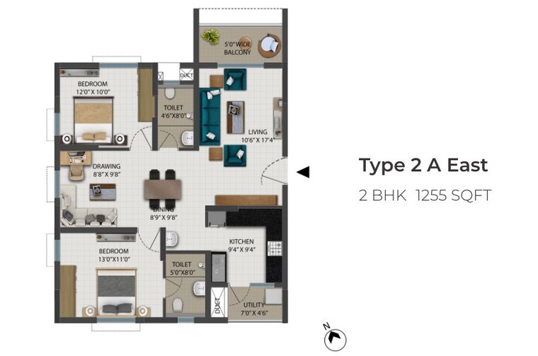 Floor Plan, ramky-one-orbit 2 Bedroom 1255 Sq.Ft. Apartment In Nallagandla Hyderabad 10434565