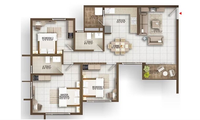 Floor Plan, concorde-auriga 3 Bedroom 1351 Sq.Ft. Apartment In Kr Puram Bangalore 10437765