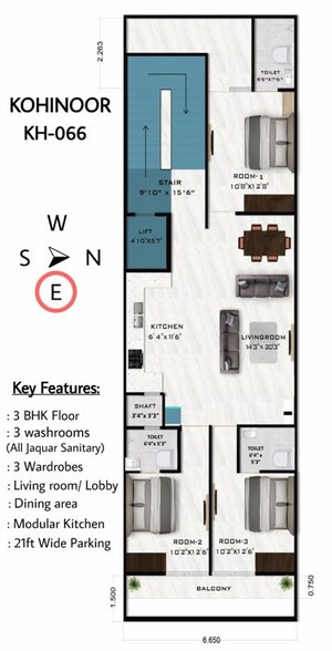 Floor Plan in 3 BHK Builder Floor at Puri Kohinoor, Sector 89 – for Sale