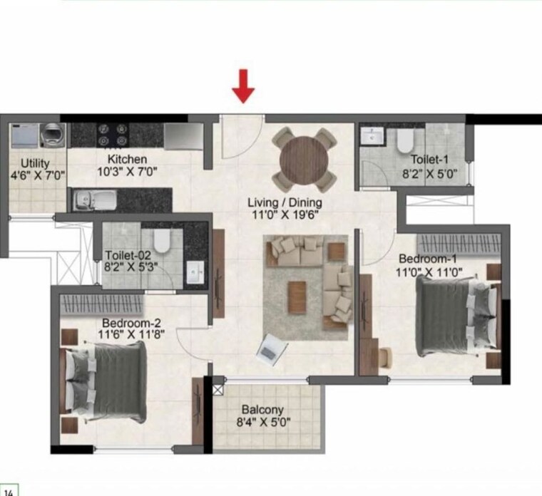 Floor Plan, prestige-glenbrook 2 Bedroom 1067 Sq.Ft. Apartment In Whitefield Bangalore 10443445
