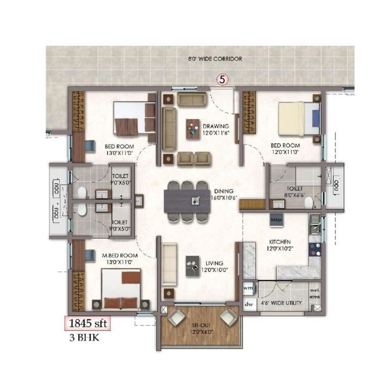 Floor Plan, vision-arsha 3 Bedroom 1845 Sq.Ft. Apartment In Tellapur Hyderabad 10435708